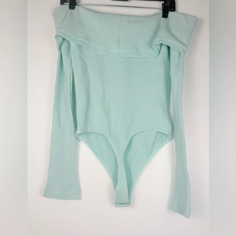 Free People Off-Shoulder Textured Mint Ribbed Bodysuit NWT